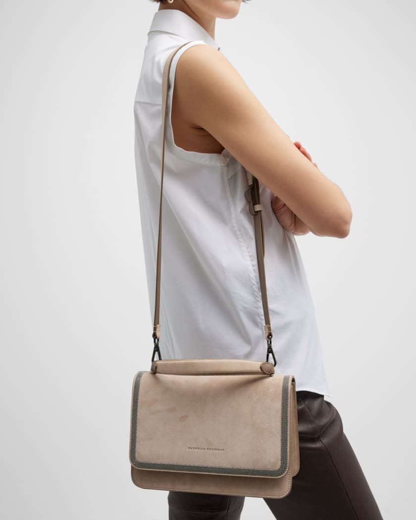 Leather Trimmed Tote Bag in Beige - Brunello Cucinelli