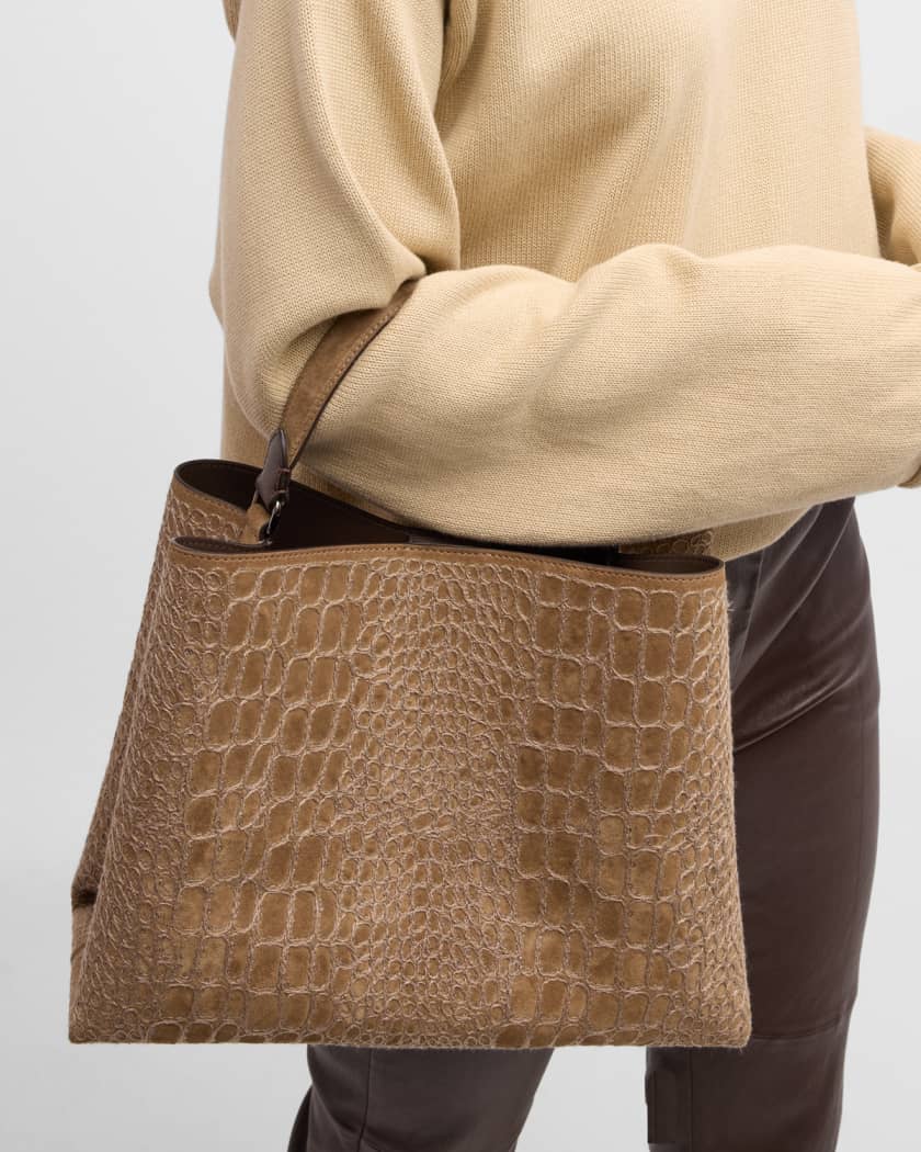 Medium Croc-Embossed Leather Tote Bag