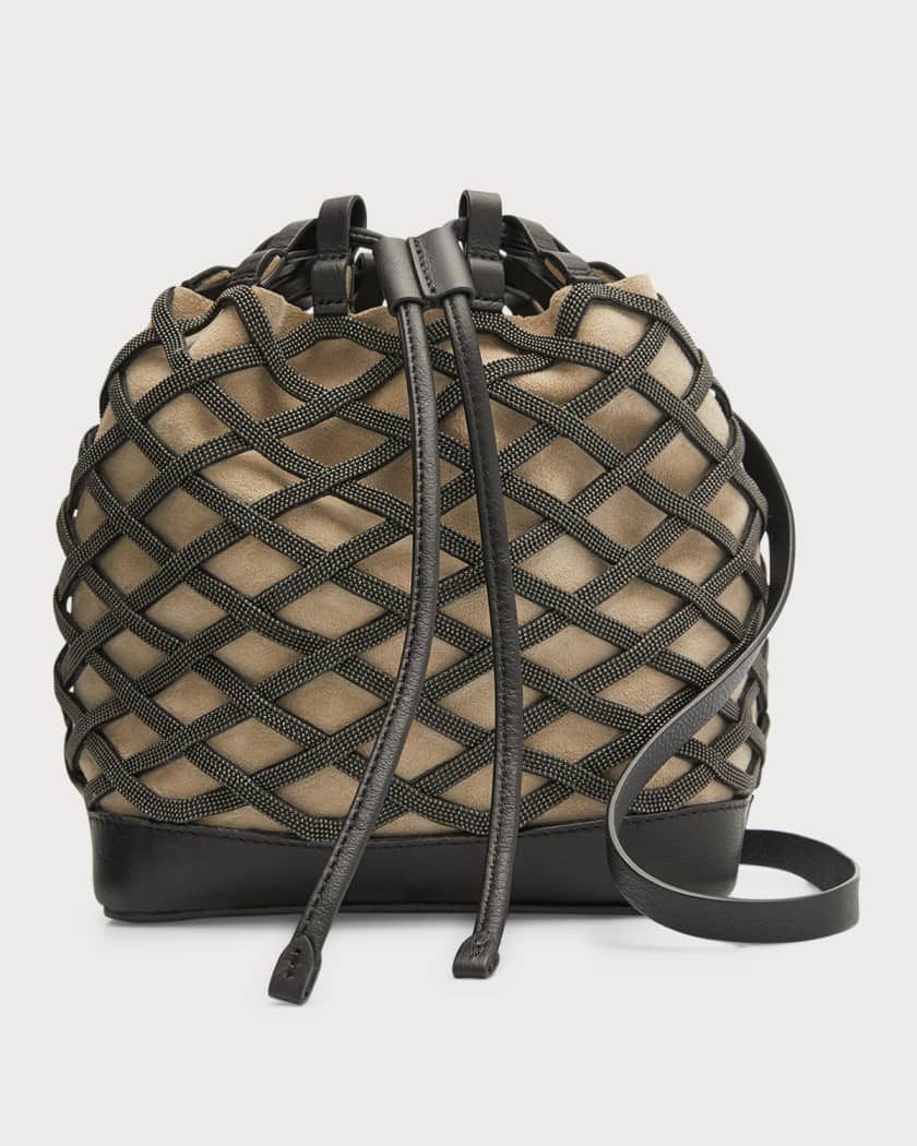 Embellished Suede Bucket Bag in Brown - Brunello Cucinelli