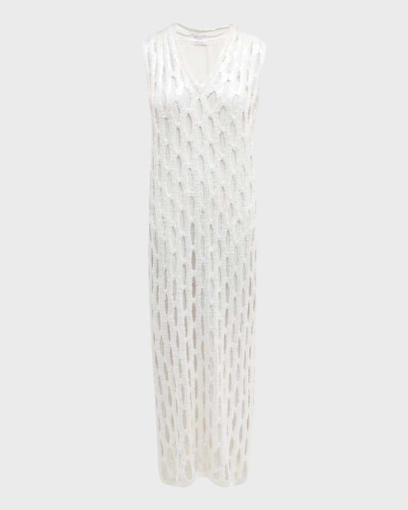 Brunello Cucinelli Sleeveless Floral Wire Knit Stretch Dress