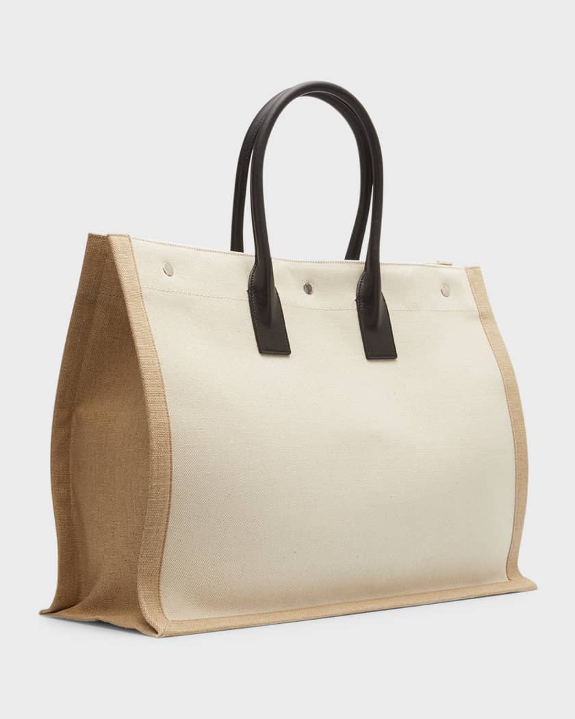 Saint Laurent Rive Gauche Small Tote Bag In Linen And Leather