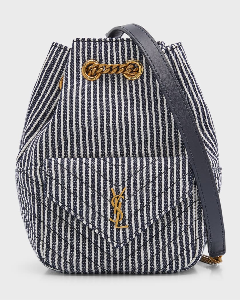 Saint Laurent Mini YSL Striped Denim Bucket Bag