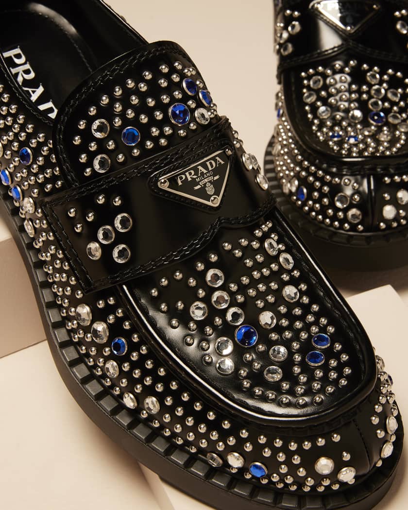 Prada Men's Leather Derby Shoes with Studs and Rhinestones
