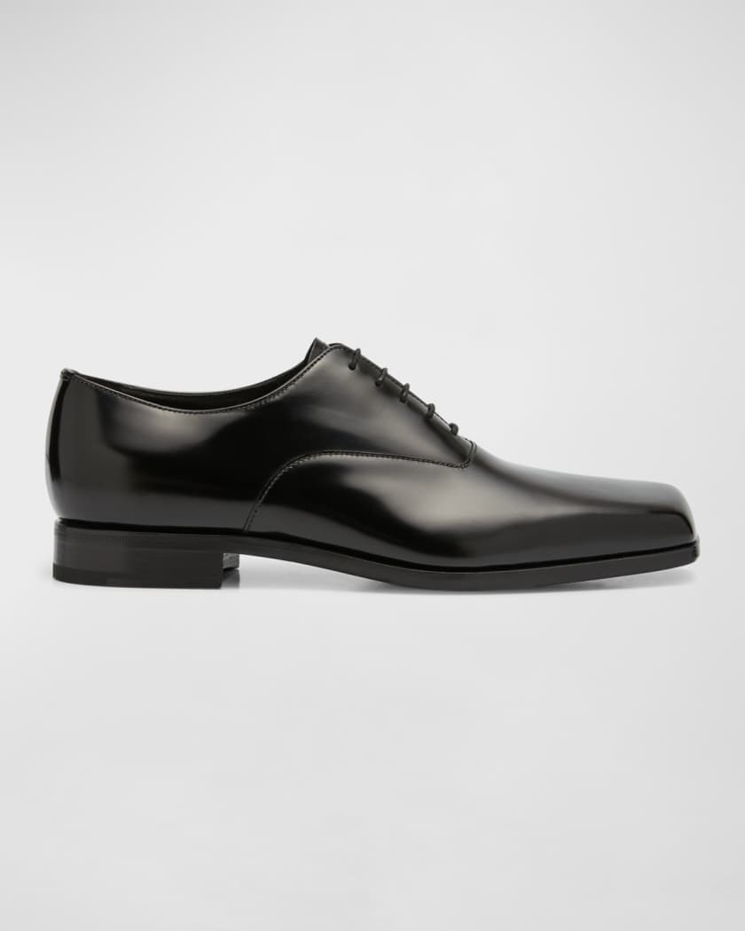 Prada Men's Jokoto Angled Toe Leather Oxfords | Neiman Marcus