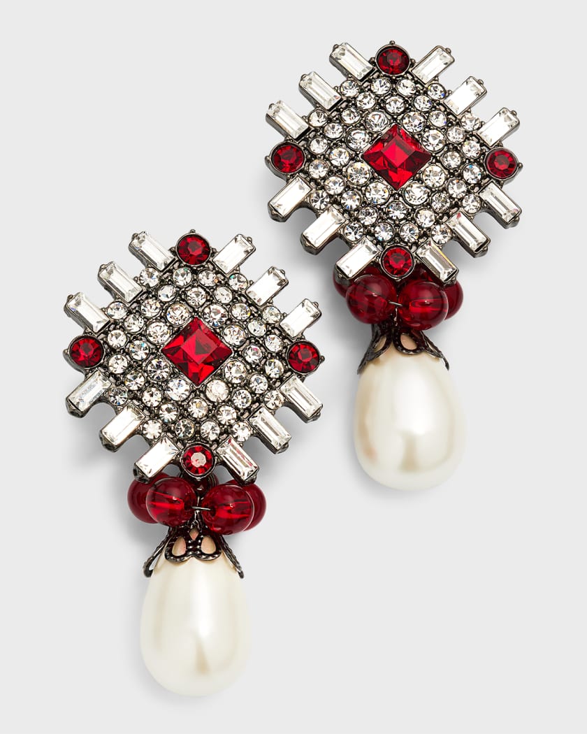 Kenneth Jay Lane Crystal Top with Pearly Drop Clip Earrings