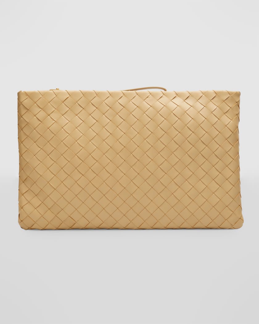 Pouch Intrecciato Leather Clutch in Beige - Bottega Veneta