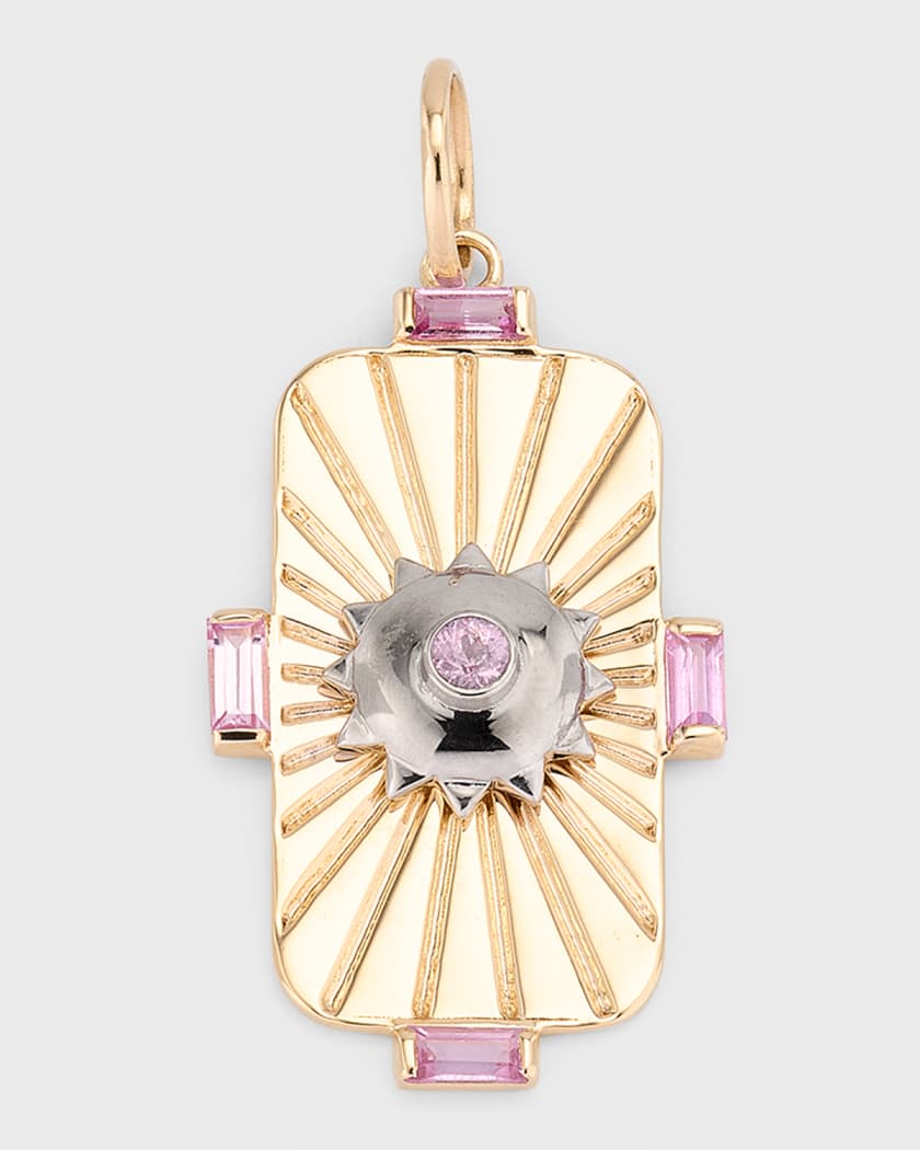 Baguette Diamond Sun Pendant With Pink Sapphire In 14K Yellow Gold