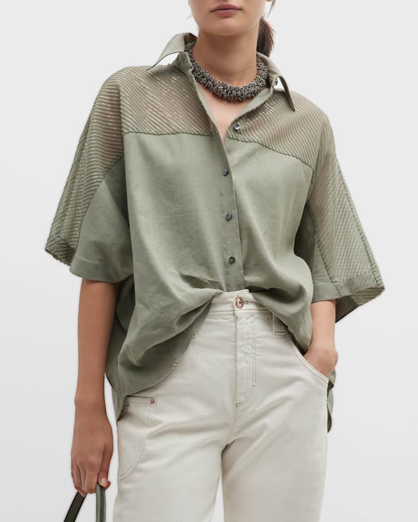Brunello Cucinelli Paillette Yoke Short-Sleeve Linen Button-Front