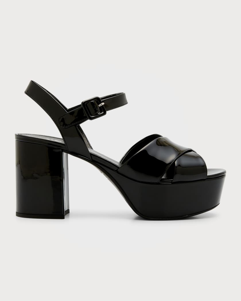 Prada Vernice Patent Leather Crisscross Platform Sandals | Neiman Marcus