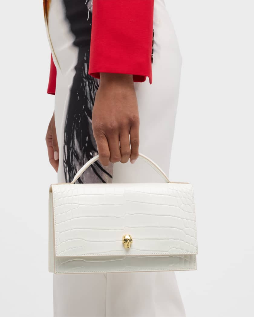 Medium Skull Croc-Embossed Top-Handle Bag