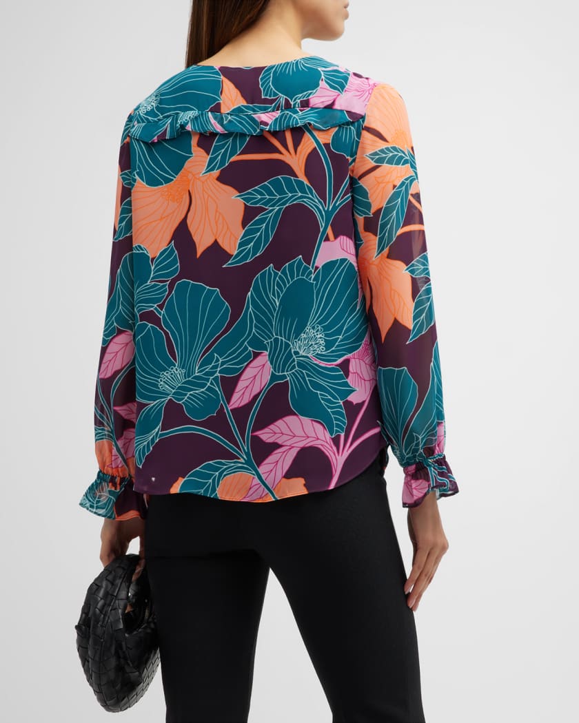 Trina Turk Owl Ruffle-Trim Floral-Print Top | Neiman Marcus