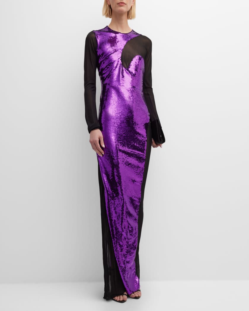 Mesh Evening Dress w Liquid Sequin Detail