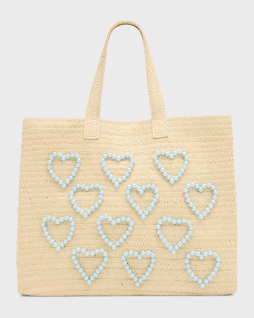 Hearts Embroidered Straw Beach Bag