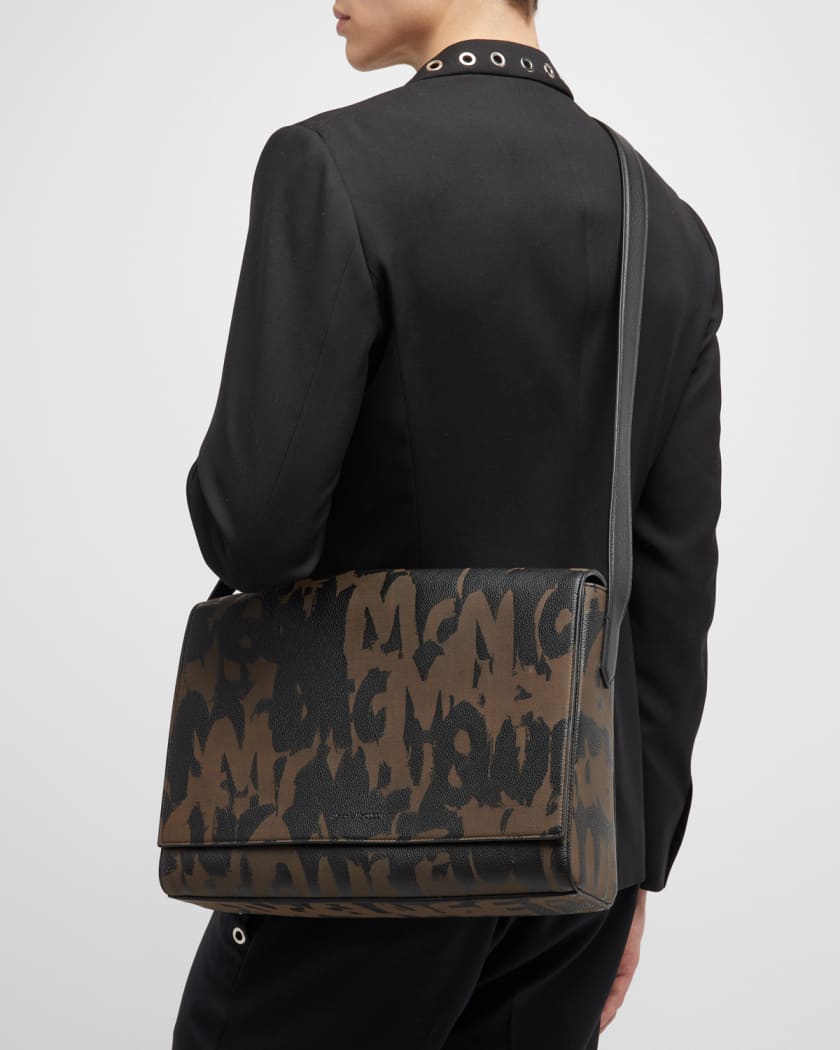 Alexander McQueen Men's Allover Graffiti Logo Leather Messenger Bag