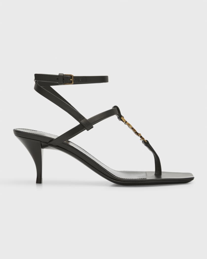 Yves Saint Laurent YSL Black Leather Strappy Open Toe Sandal Heels