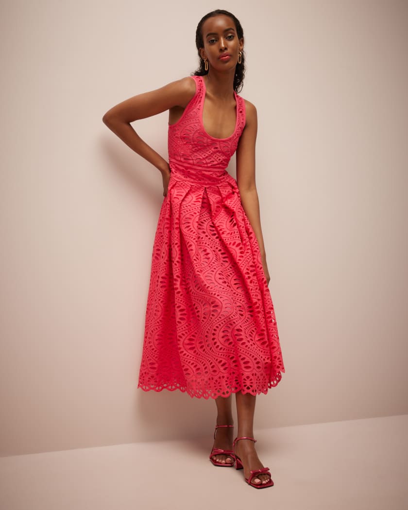Giambattista Valli Eyelet Embroidered Sleeveless Pleated Midi