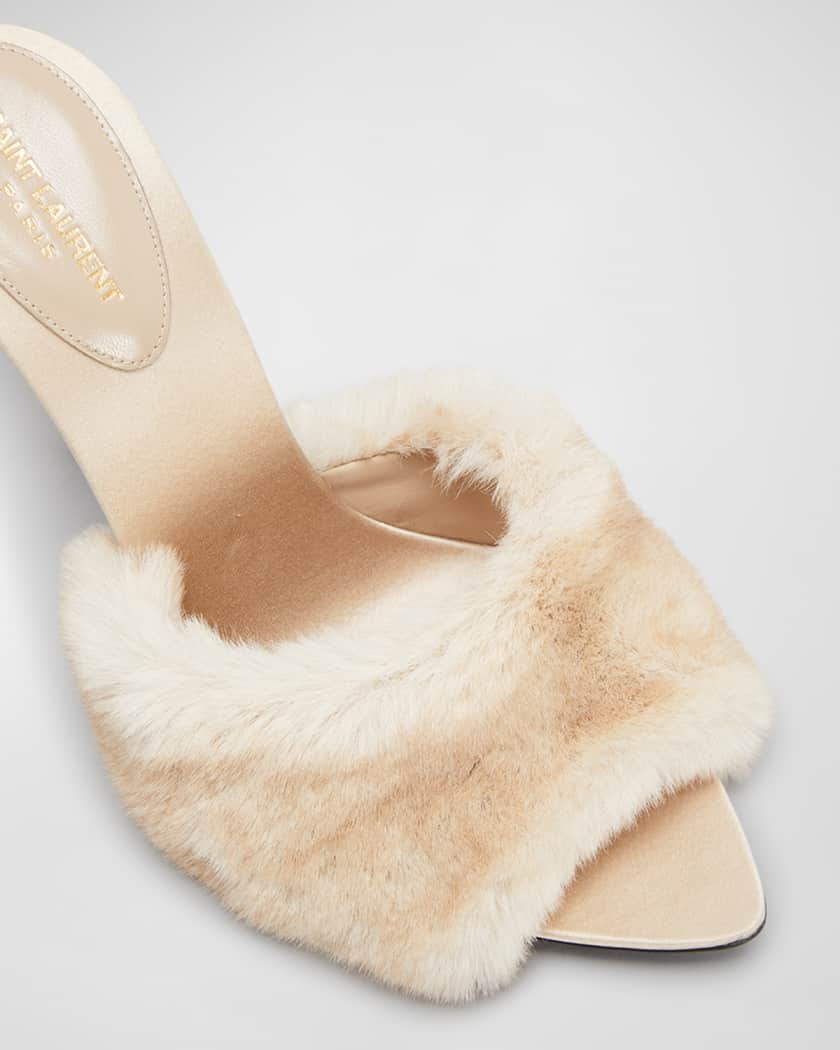Saint Laurent Gippy Faux Fur Mule Sandals Light Beige