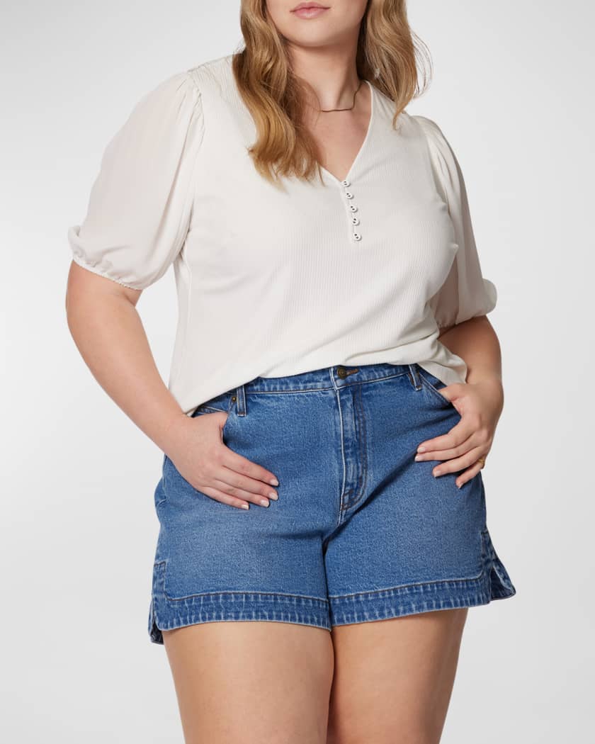 Joie Plus Size Esme Ribbed Blouson-Sleeve Shirt | Neiman Marcus