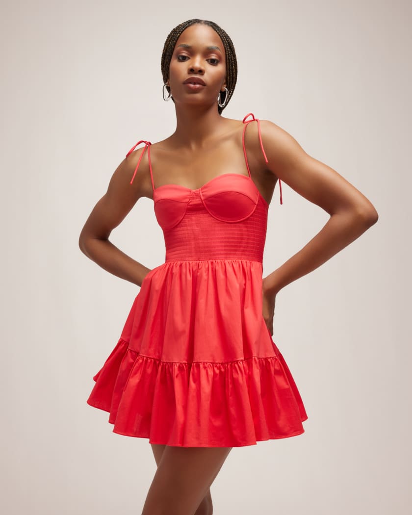 smocked corset dress Becca Corset Smocked A-Line Midi Dress L