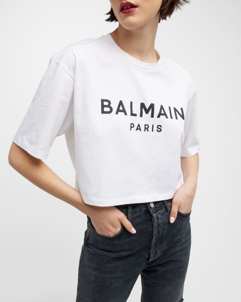 vasketøj Forskel Elastisk Balmain Logo-Print Crop T-Shirt | Neiman Marcus