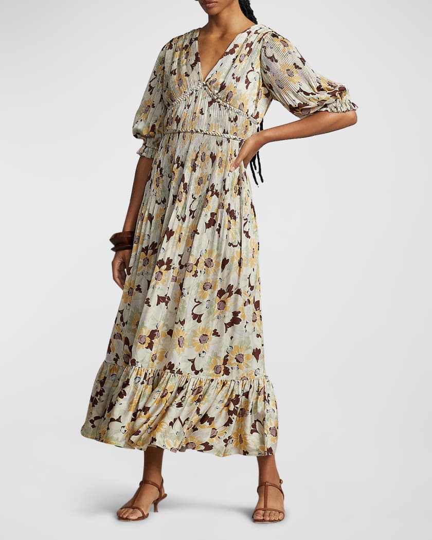 Polo Lauren Floral-Print Pleated Dress | Neiman Marcus