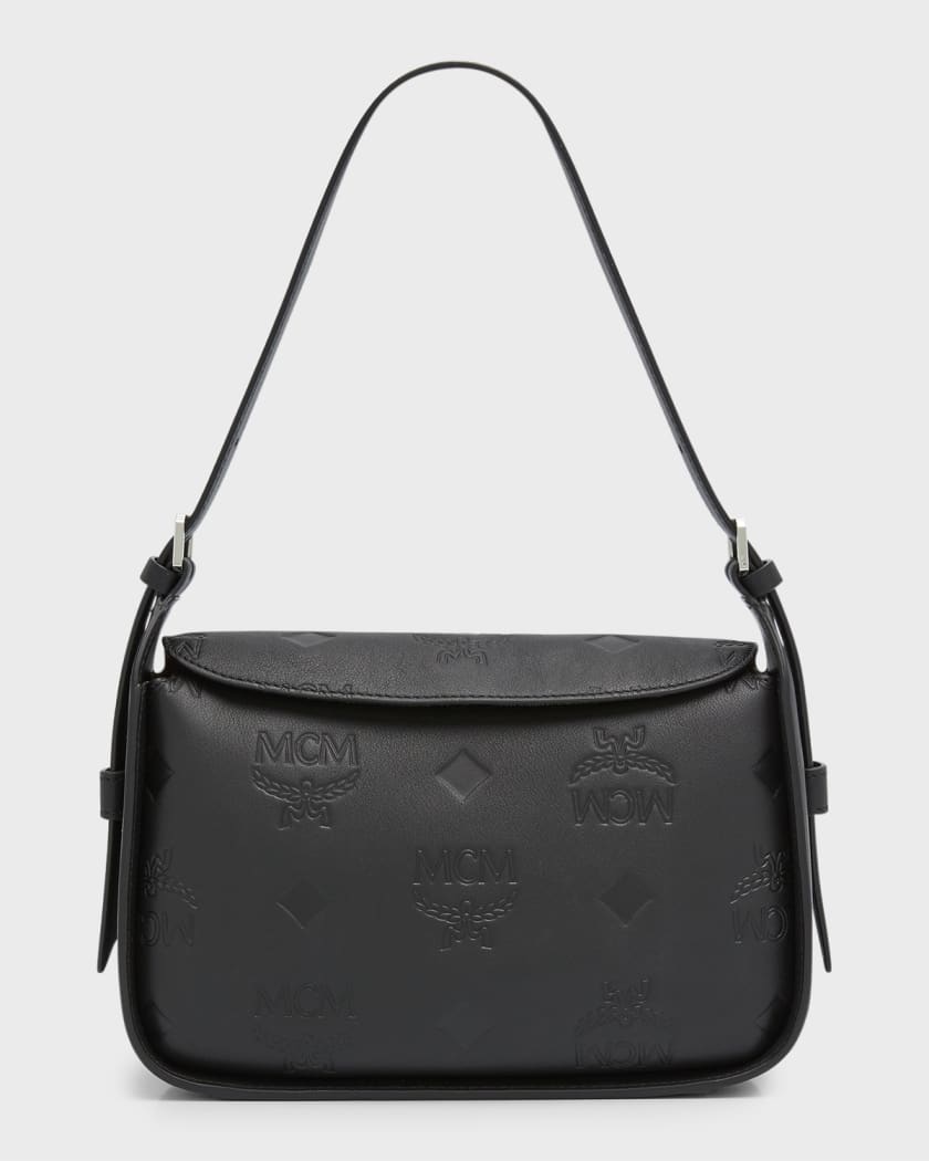 Small Aren Flap Hobo Bag in Embossed Monogram Leather Black