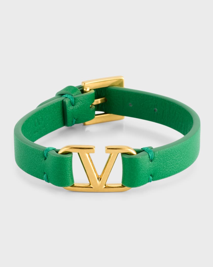 Garavani V-Logo Leather Bracelet, Green Neiman Marcus