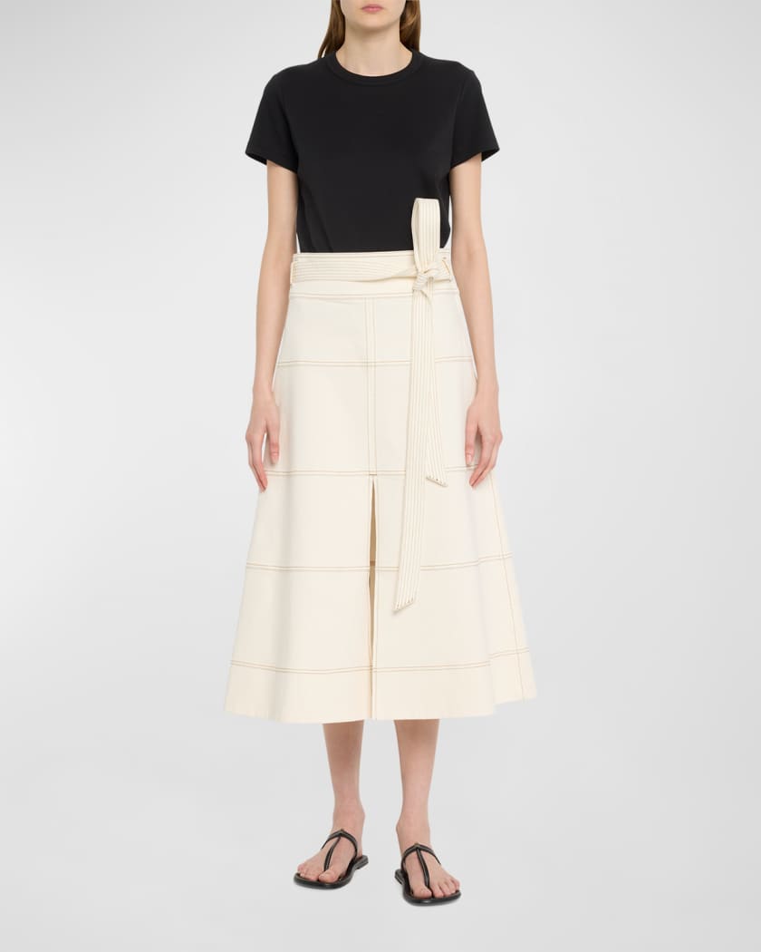 Hudson High-Waist Belted Denim Midi Skirt