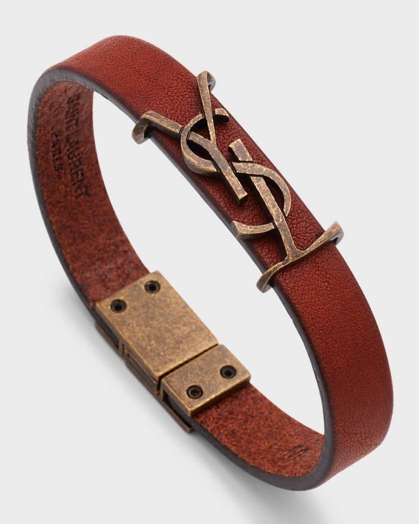 Leather Ysl Monogram Bracelet, Brown