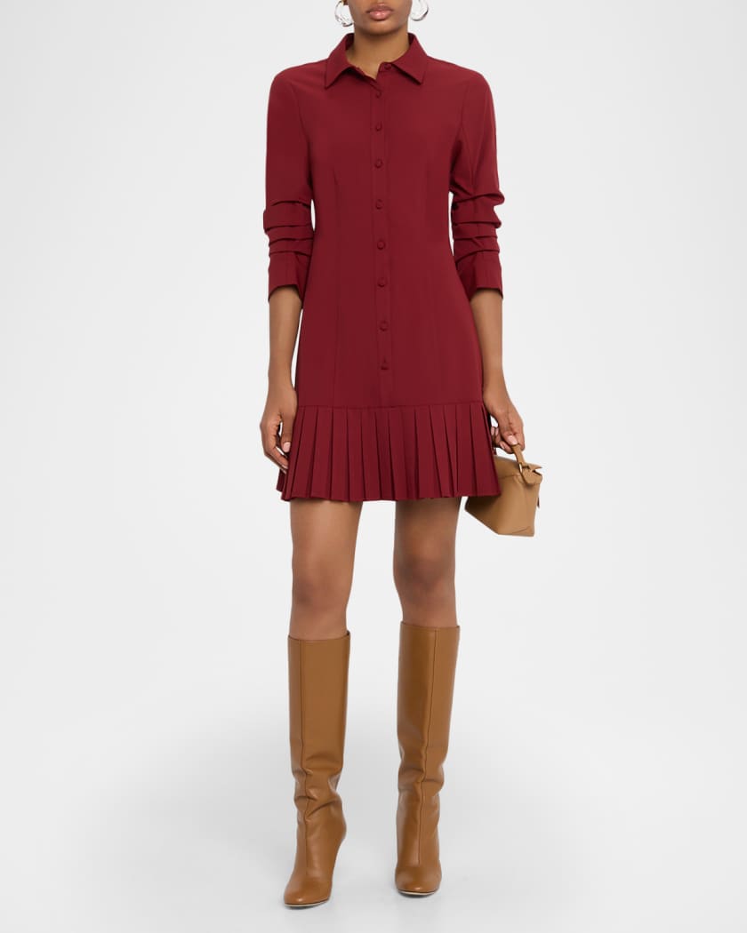 Lucilla Topstitched Pleated-Hem Mini Shirtdress
