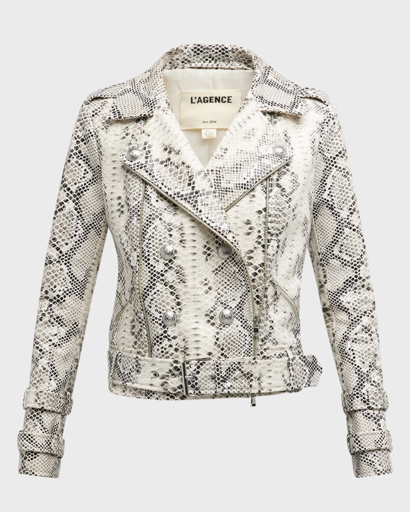 L'agence Baldwin Leather Jacket in White/Black Snake