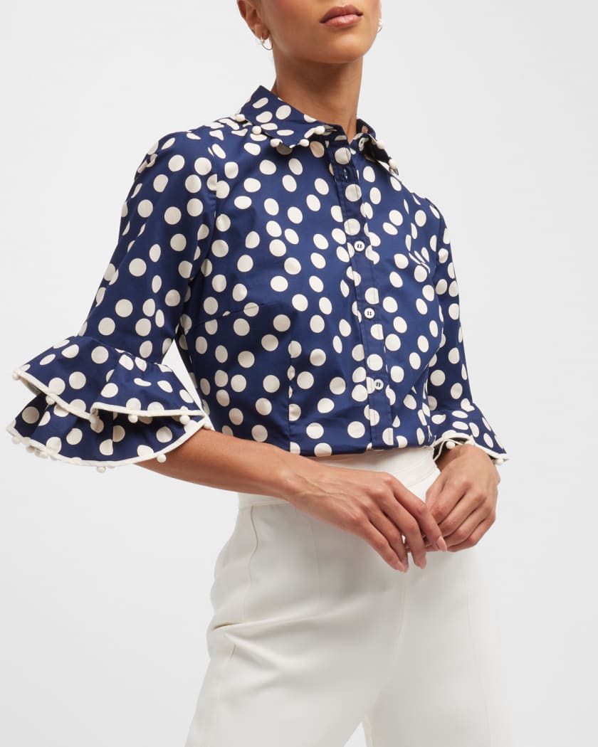 Carolina Herrera Polka Dot Button-Front Shirt with Ruffle Trim Midnight Multi