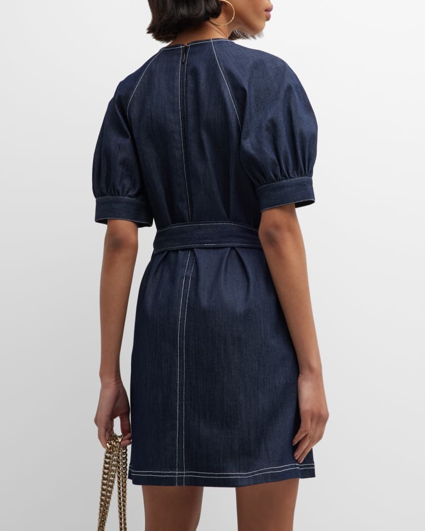 Cinq a Sept Abby Short-Sleeve Tie-Belt Denim Mini Dress | Neiman