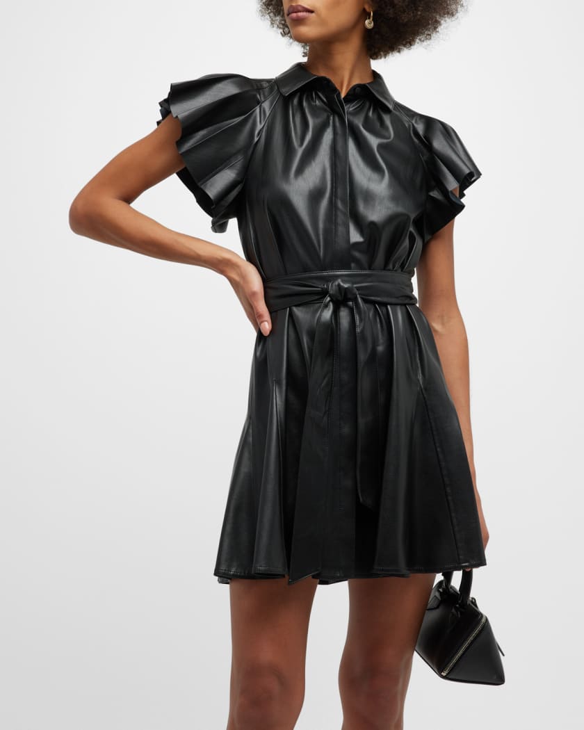 Black Leather-Look Ruffle Hem Mini Dress