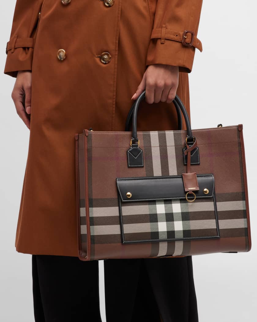 Burberry Check and Leather Freya Tote Bag Medium Dark Birch Brown in  Cotton/Polyurethane with Gold-tone - US