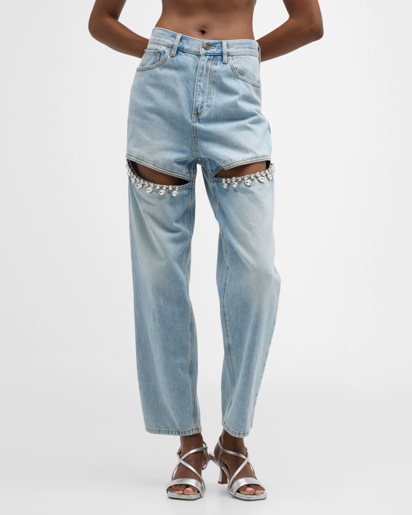 AREA Crystal Slit Straight-Leg Jeans | Neiman Marcus