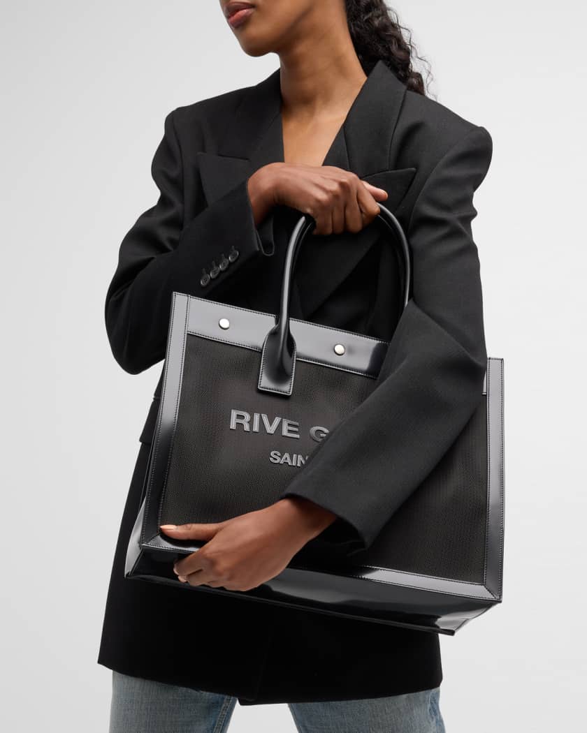 Rive Gauche glossed-leather and appliquéd mesh tote