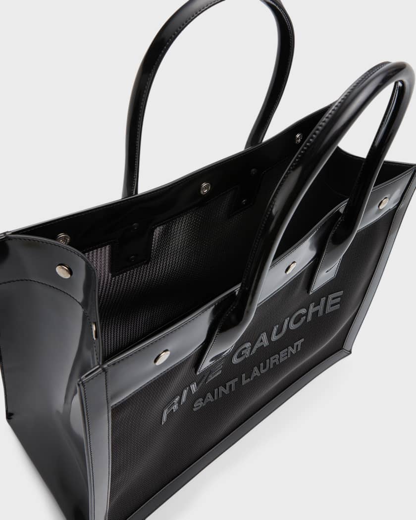 Rive Gauche glossed-leather and appliquéd mesh tote