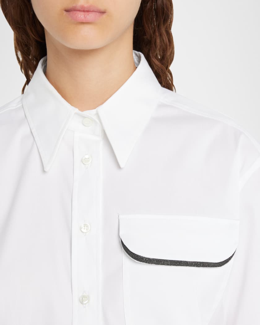 BRUNELLO CUCINELLI モニーレ装飾 トップス ブラウス 切替 S Brunello Cucinelli Monili-Trim Crop Cotton Poplin Collared Shirt