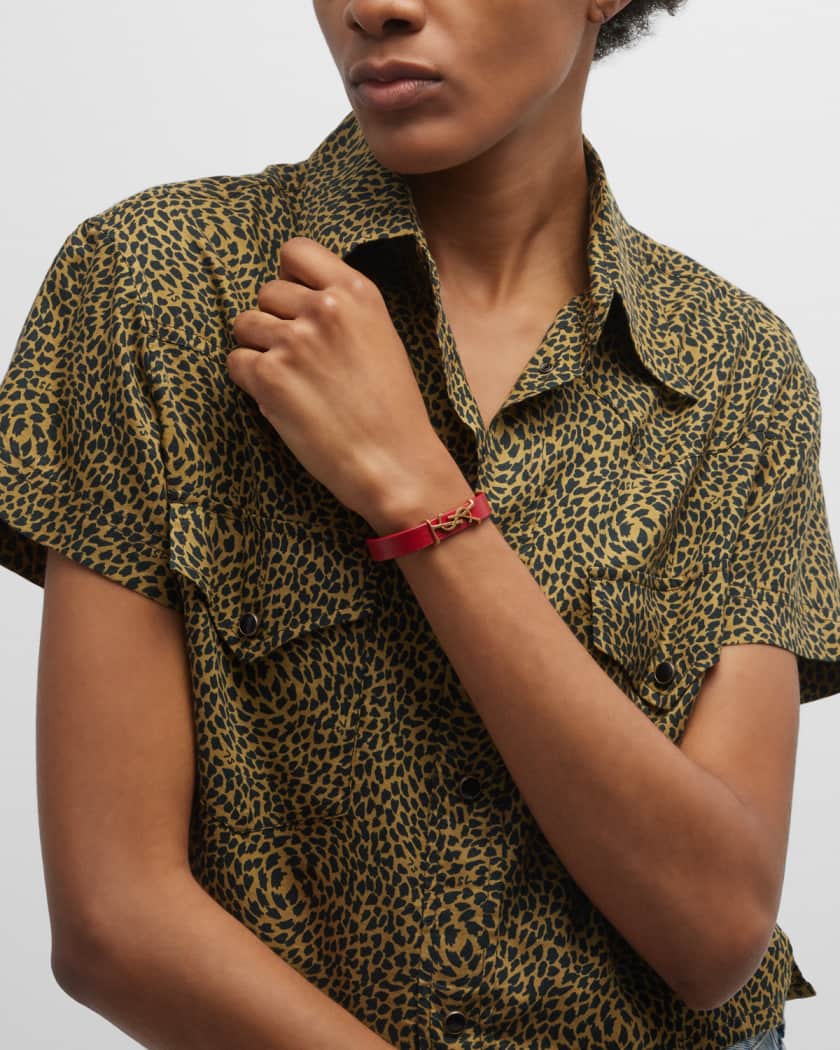 Saint Laurent Leather YSL Monogram Bracelet, Brown