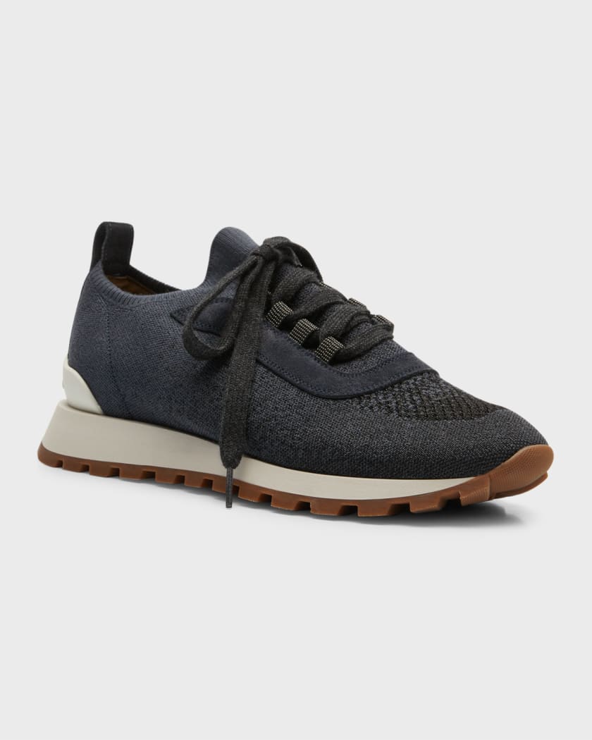 Brunello Cucinelli Knit Suede Trainer Sneakers | Neiman Marcus