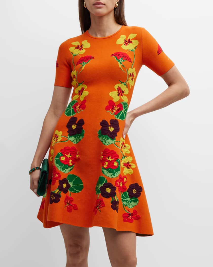Short-Sleeve Nasturtium Jacquard Fit-&-Flare Mini Dress
