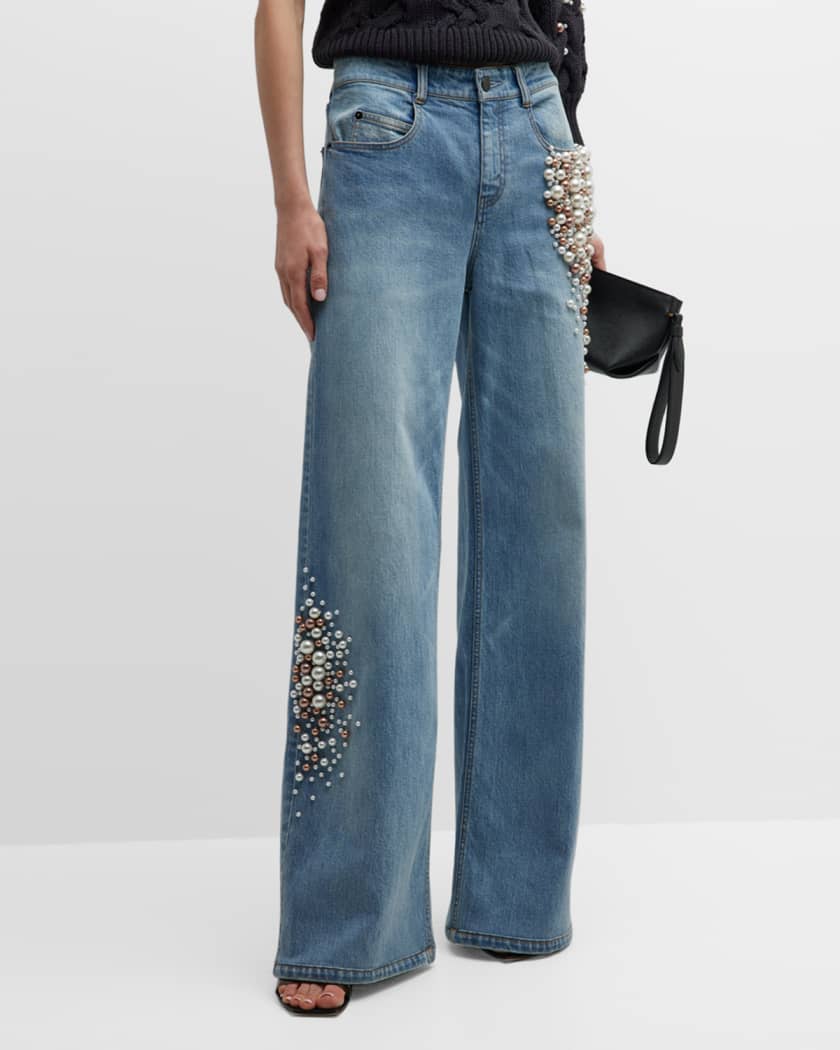 Hellessy Kit Pearlescent Beaded Wide-Leg Jeans | Neiman Marcus