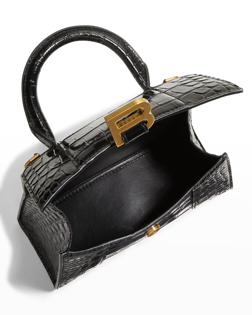Balenciaga Hourglass Medium Crocodile Embossed Leather Bag in Black
