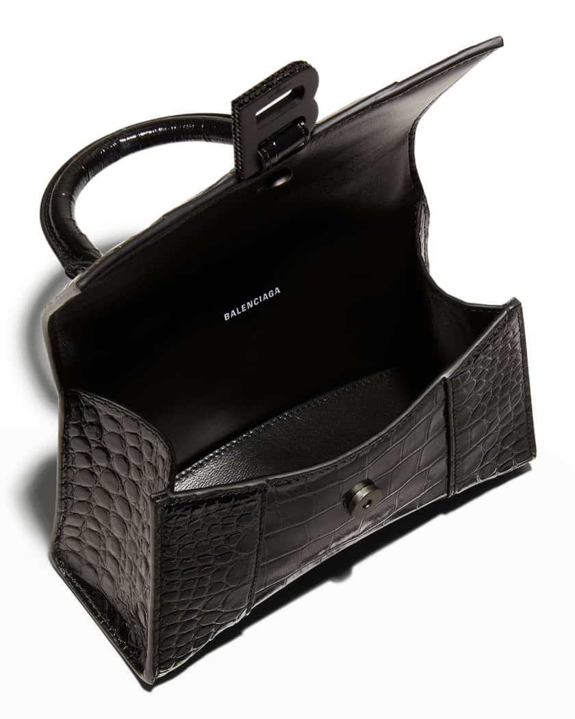 BALENCIAGA Hourglass Mini Micro Black Croc Embossed Leather