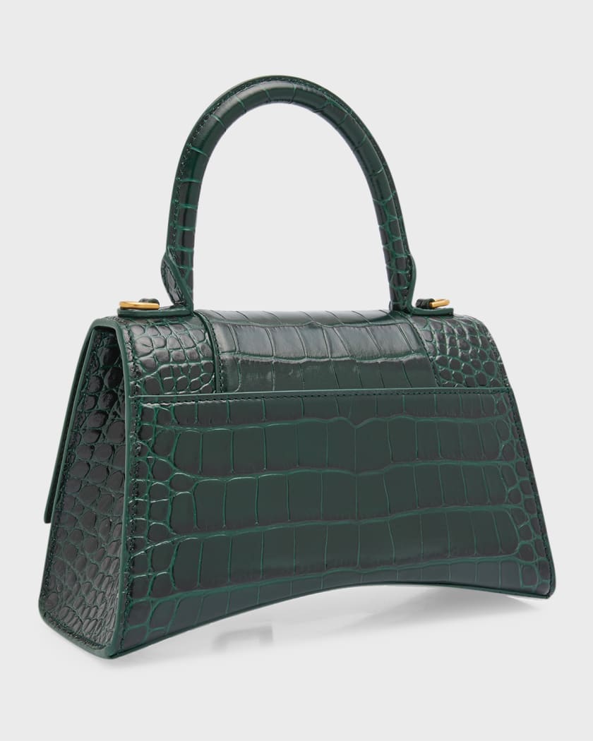 Hourglass Small Shiny Croc-Embossed Top-Handle Bag