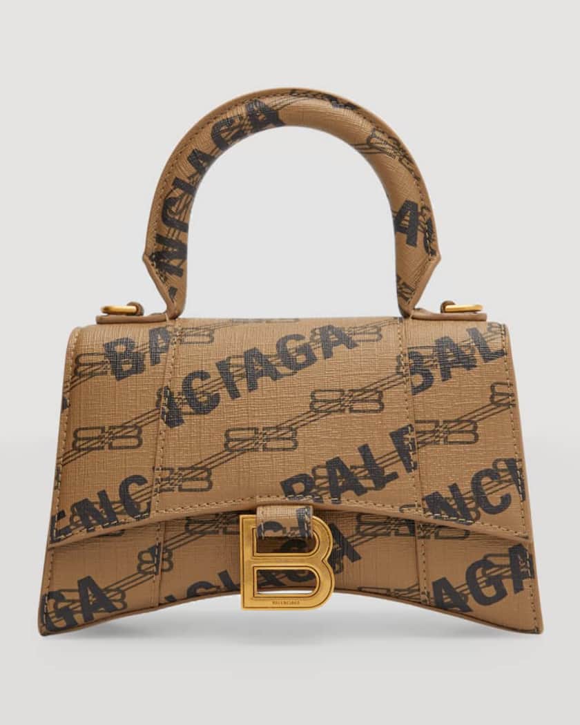 Balenciaga Hourglass Top Handle Bag Allover Logo Monogram Coated Canvas XS  Brown 2219673