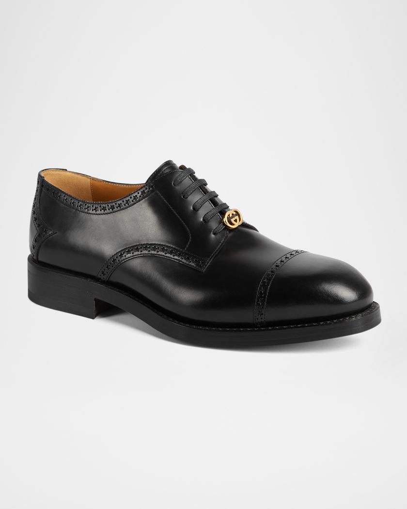 GUCCI Black Leather Lace-Up Oxfords with Gold-Tone Detail Gucci 723694 Black Cordovan Lux Lace Up Oxfords Men main image 4
