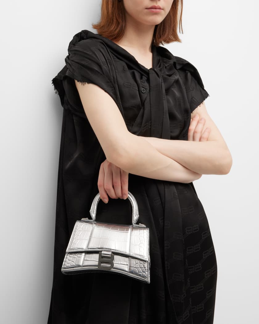 Balenciaga Hourglass XS Metallic Croc-Embossed Top-Handle Bag