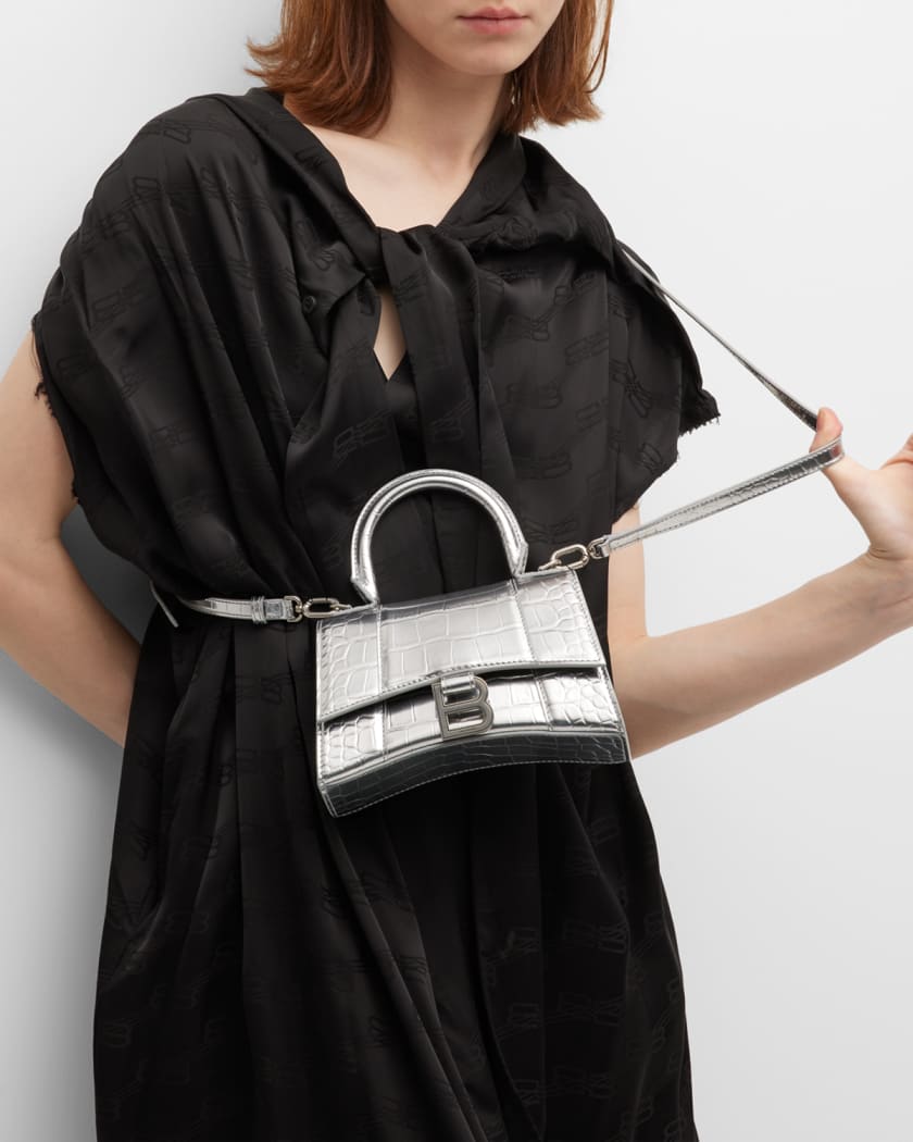 Balenciaga Hourglass XS Metallic Croc-Embossed Top-Handle Bag